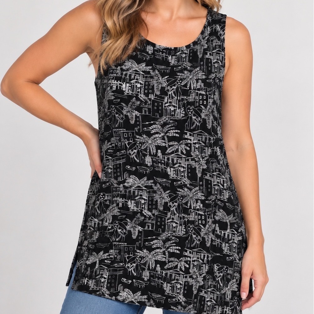 Chico's Size 1 Medium Black Tropical Scenic Print Long Tank Tunic Acetate